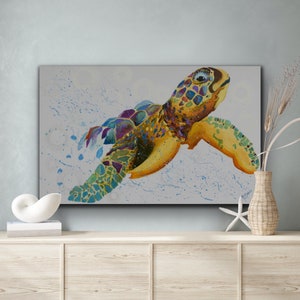 Large Sea Turtle painting.  Coastal living.  Beach decor.  Colorful Sea Turtle. Large Coastal Art