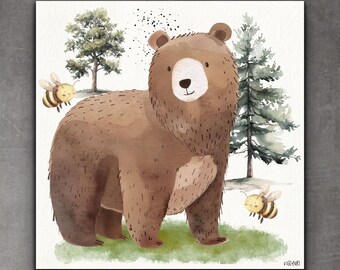 Whimsical Bear and Honey Bees, Watercolor, Woodland Animal Wall Art, Large Kids Wall Art.