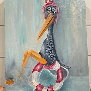 Whimsical  Pelican original oil painting 11X14&#39;.  Beach decor.  Whimsical Art.