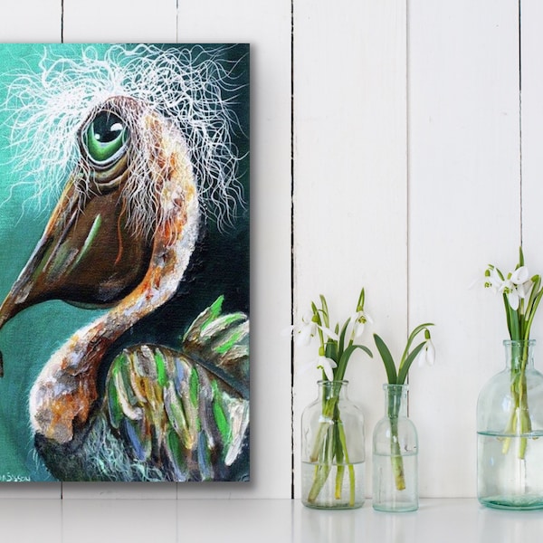 Whimsical Pelican canvas print . Colorful Whimsical.  Pelican painting.  Beach Decor. Coastal decor. Funky wall art large coastal art