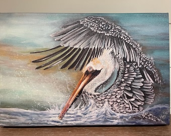 Coastal Pelican Art Print | Beach Wall Decor, Seascape Painting