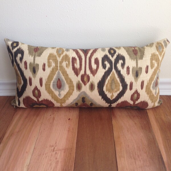 Ikat Lumbar Pillow Cover- Linen Blend Fabric- Gray, Brown & Cream- 12 x 24" Sham