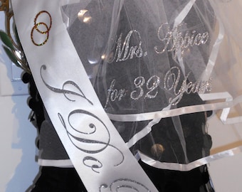 Anniversary Set, Sash & Veil Set, Renewal of Vows, Bride To Be + Bridal Shower Set, PERSONALIZED By Val's Veils