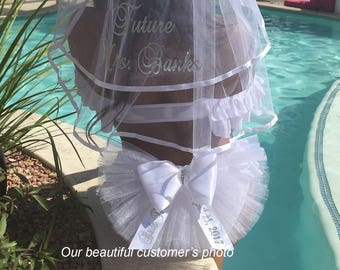 Bachelorette Veil, Booty Veil, Hair Veil, Sash,Tiara, Beach Bag, Kimono, Garter - PERSONALIZED - Buy ind. or as a Set -by Val's Veils