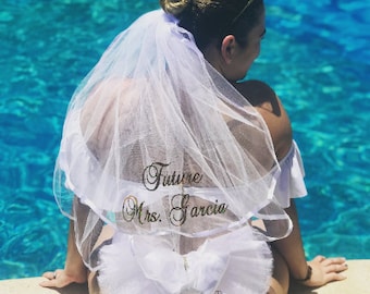 Booty Veil, Bikini Veil, Hair Veil, Sash, & Other Bridal Accessories.Buy individually or as a Set. Bachelorette and Bridal Shower Gifts