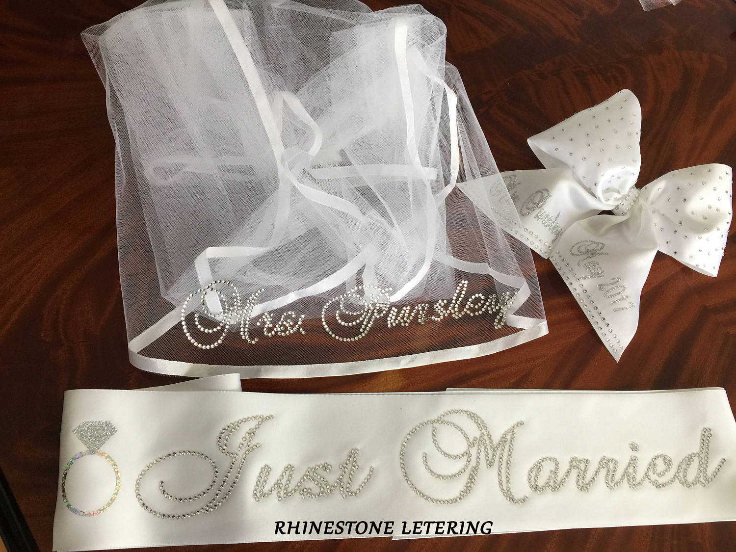 Just Married Sash in RHINESTONE Lettering. Buy Individually or as a Set. 