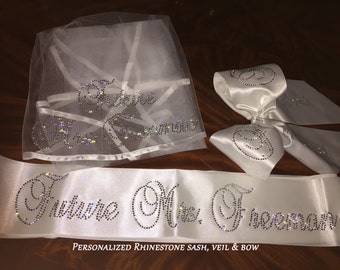 Bride To Be Veil, Sash, Sash Bow in RHINESTONES, PERSONALIZED. Purchase individually or as a Set. By Val's Veils