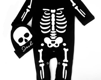 Glow in the dark Skeleton Baby Grow and optional Personalised hat, Halloween Romper, Fancy Dress