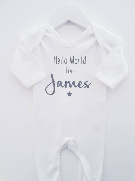 Sleepsuit Rompersuit New Baby Gift Set, Vest Bodysuit, Unisex Newborn Hello World Personalised White Babygrow with Optional Hat /& Blanket