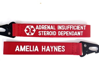 Medical Alert Keyring, Personalised double sided Key Chain, Bag Fob, Keyring, Diabetic, Addison's Disease, No Spleen, Adrenal Insufficiency