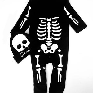 Skeleton Baby Grow and optional Personalised hat, Halloween Romper, Fancy Dress