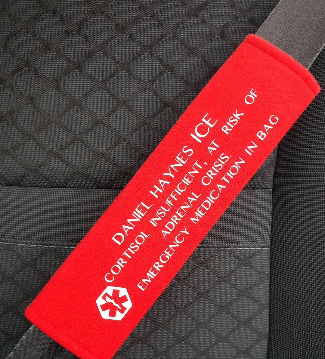Medical Alert Seat Belt Cover Personalised With Vital Life Saving