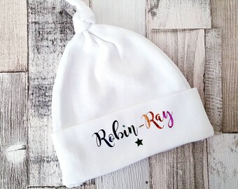 Personalised Rainbow Baby New Baby Hat, Knotted Hat, Beanie Hat, New Baby Gift, Baby Shower Gift