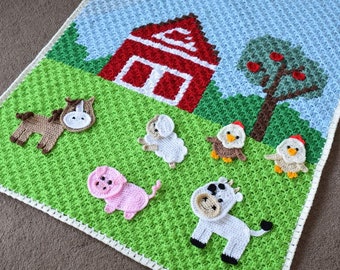 Crochet pattern- Farmhouse blanket- Crochet countryside blanket- Farm animal appliques blanket- INSTANT DOWNLOAD PDF- Baby blanket pattern