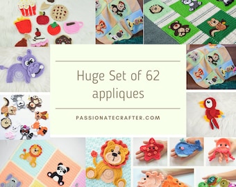 Ensemble de 62 appliques au crochet représentant des animaux - Animaux de la jungle - Animaux du ZOO - Animaux de la forêt - Animaux marins - Appliques de Noël