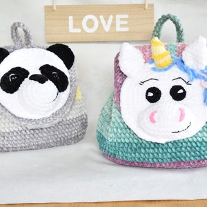 Crochet velvet backpack pattern. Panda, Bear, Unicorn backpack. Velvet yarn backpack. image 6