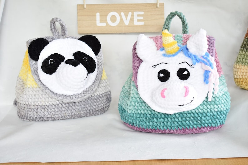 Crochet velvet backpack pattern. Panda, Bear, Unicorn backpack. Velvet yarn backpack. image 6