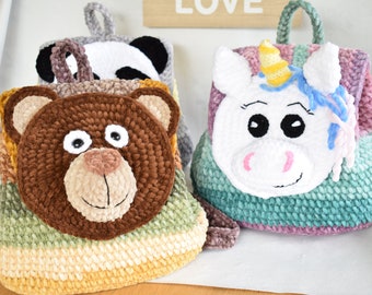 Crochet velvet backpack pattern. Panda, Bear, Unicorn backpack. Velvet yarn backpack.