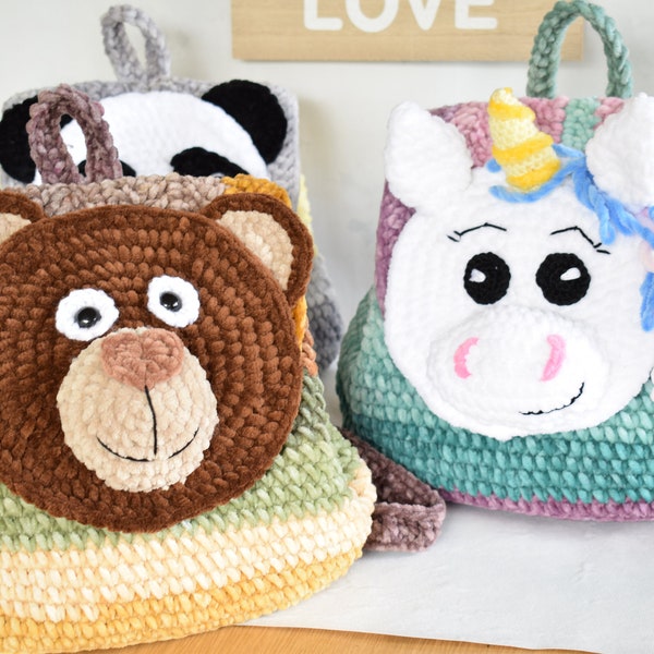 Modèle de sac à dos en velours au crochet. Sac à dos Panda, Ours, Licorne. Sac à dos en fil de velours.