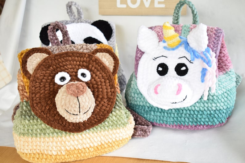 Crochet velvet backpack pattern. Panda, Bear, Unicorn backpack. Velvet yarn backpack. image 1