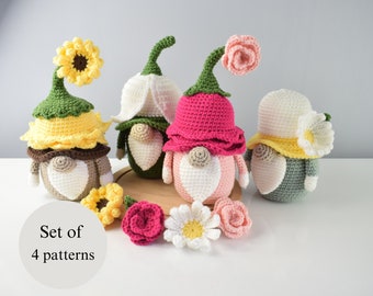 May include: Set of four crochet gnome patterns. Each gnome is wearing a different flower crown, including a sunflower, a rose, a daisy, and a snowdrop.
