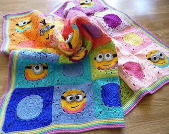 Crochet baby blanket PATTERN with minions motifs, baby throw ,crochet granny square baby crib bedding,minions baby blankie