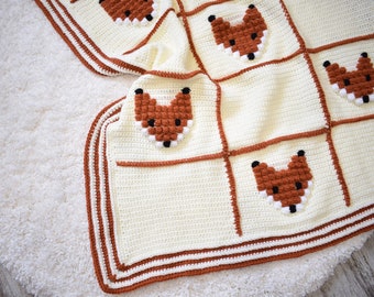 Crochet baby blanket pattern "Foxyland", crochet blanket with foxes, crochet bobble graphgan pdf pattern