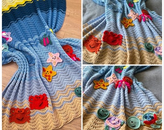 Motif au crochet - Motif de couverture avec appliques animaux marins - Motif de couverture au crochet avec appliques - Motif de couverture pour bébé - Appliqués de vie marine