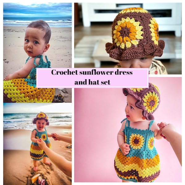 Crochet baby dress and sun hat SET, summer hat and dress baby crochet pattern SET of 2 dress and hat for summer