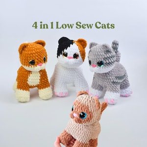 May include: Four crocheted cat toys in various colors: orange and white, black and white, gray, and tan and brown. The toys have large, shiny eyes and pink accents. The text "4 in 1 Low Sew Cats" is displayed above the toys.