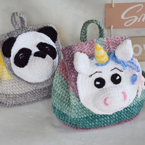 Crochet velvet backpack pattern. Panda, Bear, Unicorn backpack. Velvet yarn backpack. image 4