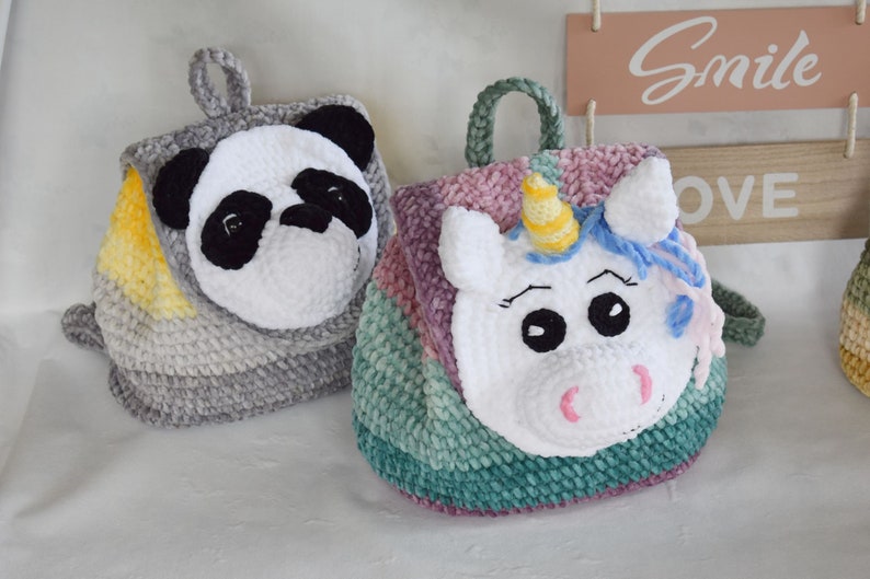 Crochet velvet backpack pattern. Panda, Bear, Unicorn backpack. Velvet yarn backpack. image 4