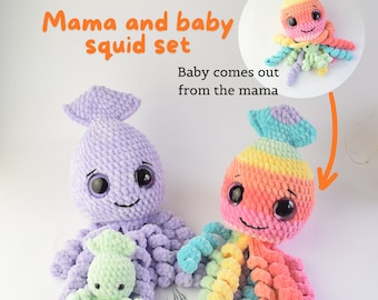 No Sew Crochet Squid Family Pattern Set- Crochet Pattern- Squid plushie pattern