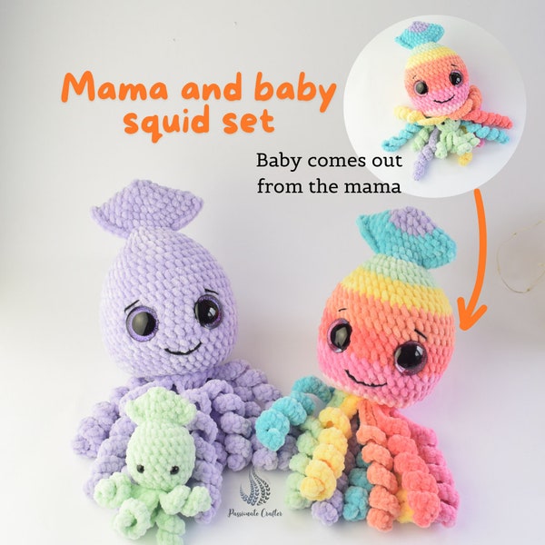 No Sew Crochet Squid Family Pattern Set- Crochet Pattern- Squid plushie pattern