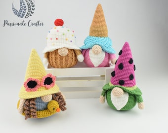 Crochet gnome bundle- Summer gnome pattern bundle- Watermelon, Ice cream, Cupcake and Beach girl gnome patterns