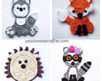 Crochet animal applique set of 4- fox, racoon, wolf, hedgehog, blanket appliques pdf pattern, instant download