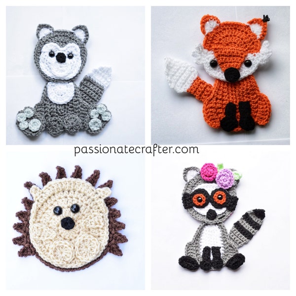 Crochet animal applique set of 4- fox, racoon, wolf, hedgehog, blanket appliques pdf pattern, instant download
