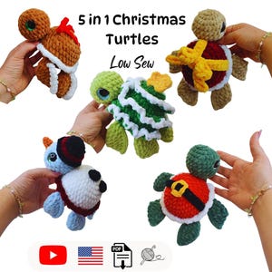 May include: Five handmade crochet Christmas turtles in various festive designs. Each turtle features unique colors and holiday-themed embellishments. The image includes the text "5 in 1 Christmas Turtles Low Sew".