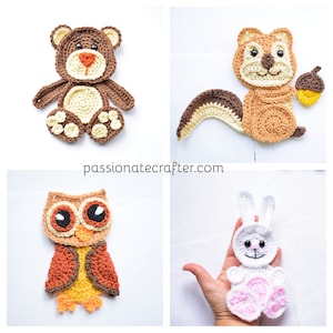 May include: Four crocheted animal appliques: a brown bear, a brown squirrel holding an acorn, an orange and brown owl, and a white rabbit with pink feet. The appliques are all made with yarn and have a cute, cartoonish style.