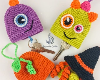 Crochet monster key cover pattern- Crochet pumpkin keychain- Crochet pattern- Halloween crochet keychains