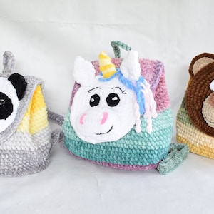 Crochet velvet backpack pattern. Panda, Bear, Unicorn backpack. Velvet yarn backpack. image 8