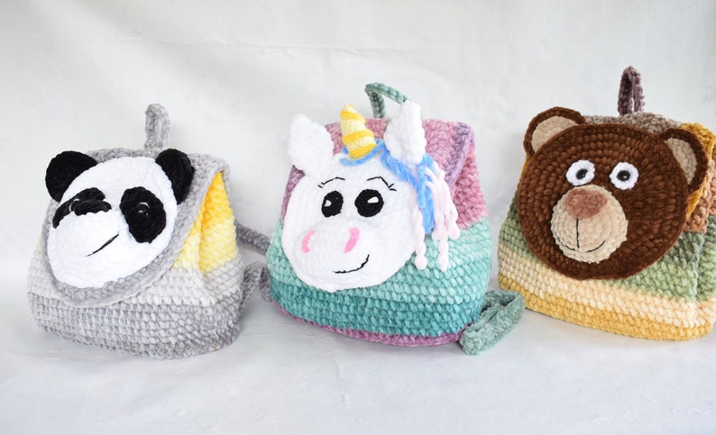 Crochet velvet backpack pattern. Panda, Bear, Unicorn backpack. Velvet yarn backpack. image 8