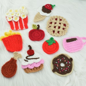 Gehäkelte Junk Food Applikationen Set,Torte,Apfel,Kaffee,Popcorn,Kuchen,Donut,Eis Applikation Häkelanleitung