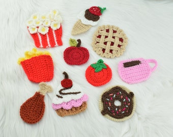 Crochet junk food appliques set,pie,apple,coffe,popcorn,cake,dognut,ice cream applique crochet pattern