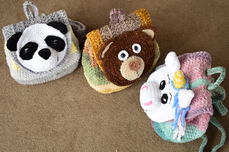 Crochet velvet backpack pattern. Panda, Bear, Unicorn backpack. Velvet yarn backpack. image 7