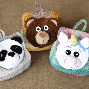 Crochet velvet backpack pattern. Panda, Bear, Unicorn backpack. Velvet yarn backpack. image 2