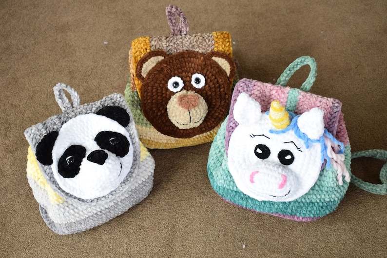 Crochet velvet backpack pattern. Panda, Bear, Unicorn backpack. Velvet yarn backpack. image 2