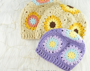 Crochet pattern- Sunburst crochet granny hat- Granny square hat- Easy crochet hat pattern- PDF download