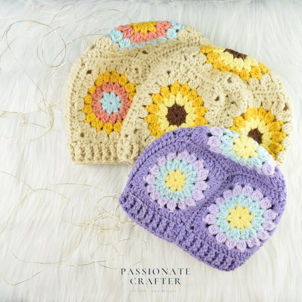 Patron au crochet- Chapeau de grand-mère au crochet sunburst- Chapeau carré de grand-mère- Patron de bonnet au crochet facile- Téléchargement PDF