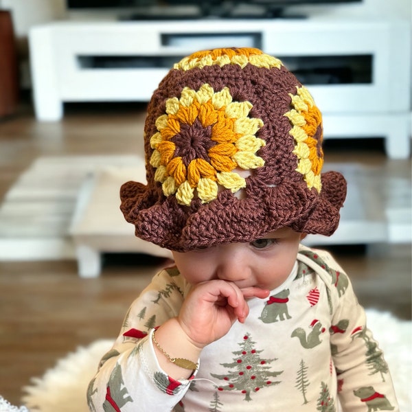 CROCHET PATTERN Sunflower bucket hat, Summer hat, baby sizes, and adult sizes included digital PDF crochet hat, crochet sunflower granny hat